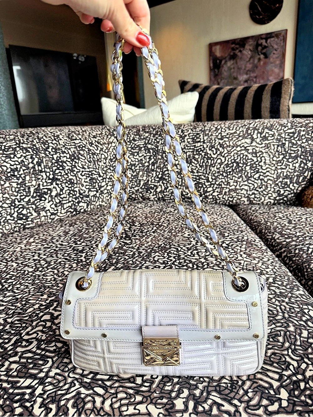 Vintage Gianni Versace Couture Lavender Patent Greca Shoulder Bag